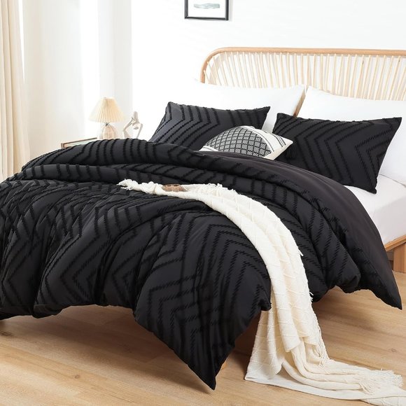 Black Chevron Tufted Zigzag Textured Full Size Bed Boho Comforter Set Bedding - Picture 12 of 16